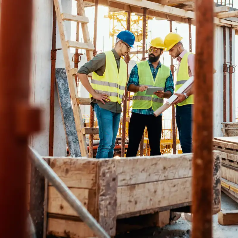 three construction workers looking over blueprints on a jobsite