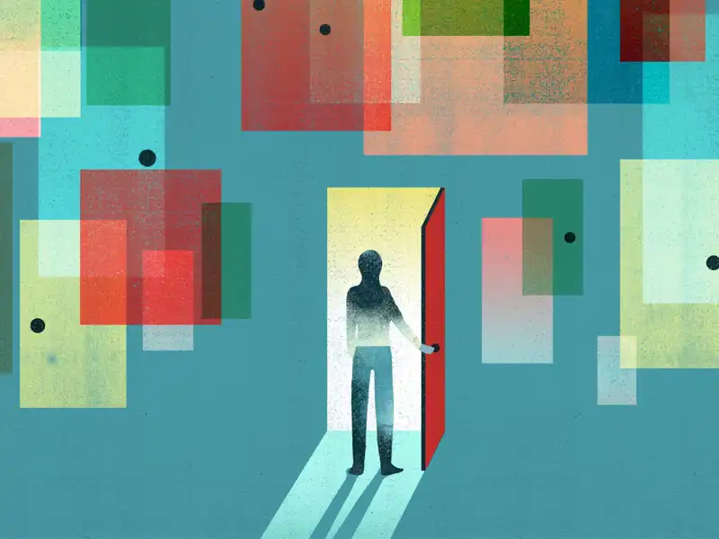 Illustration of a person walking through a doorway.