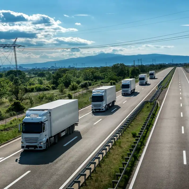 Fleet or Convoy of big transportation trucks in line on a countryside highway under a blue sky.