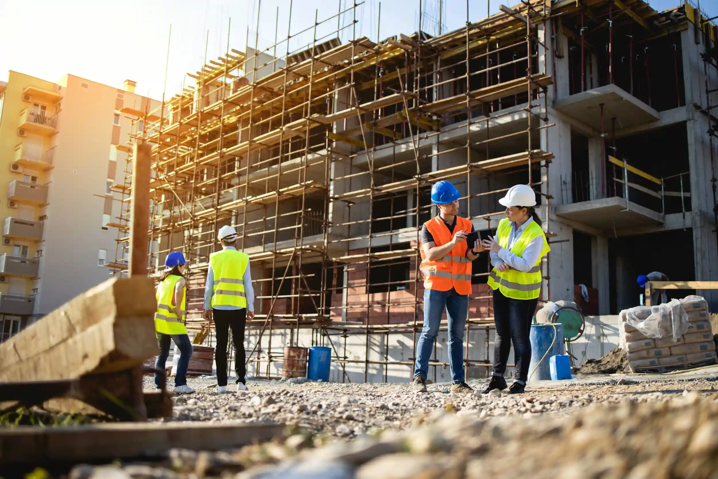 Four Construction Workers at the feet of a high rise building under construction