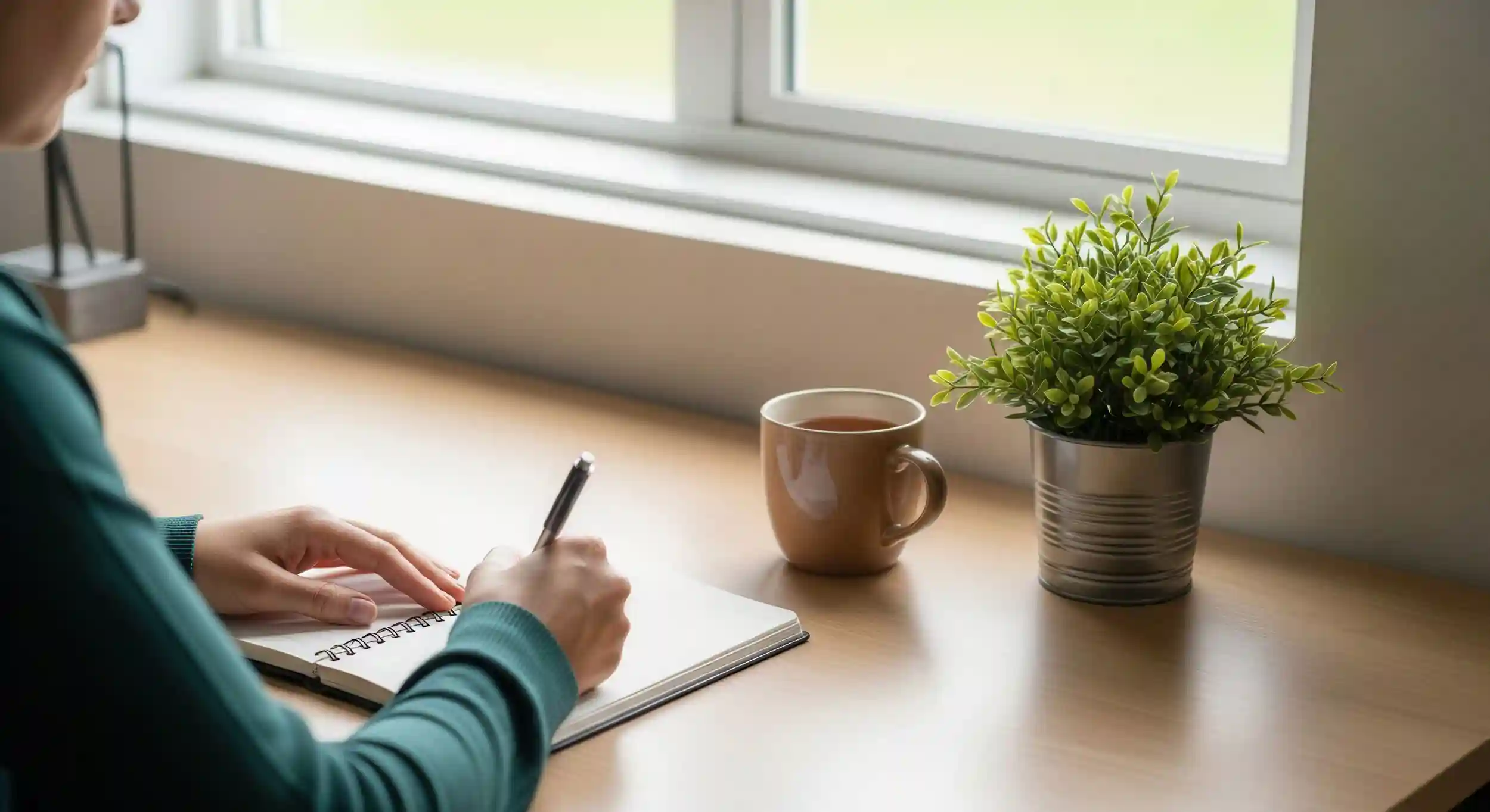 Woman writing in a notebook with a pen.