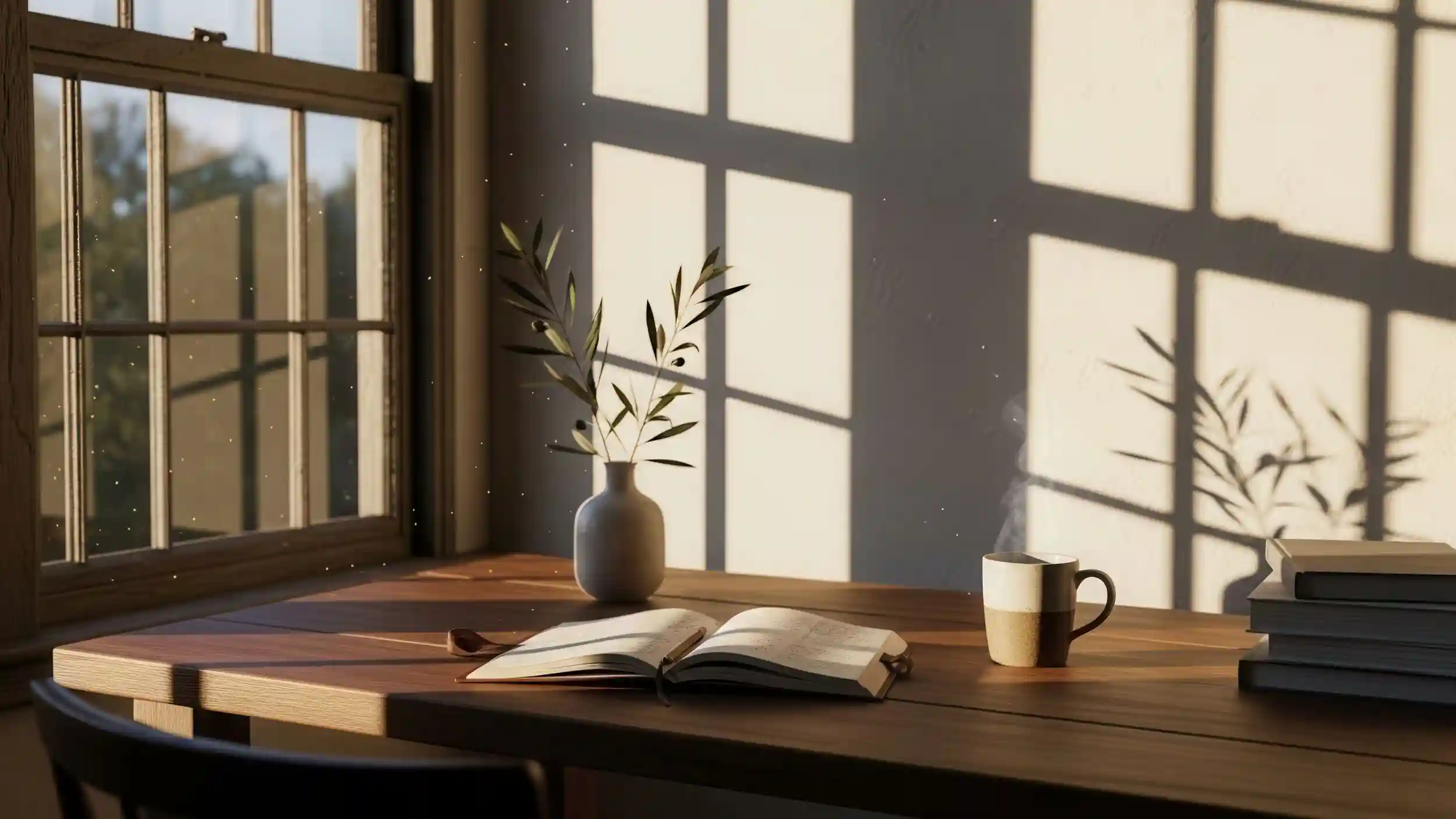 Warm sunlit wooden desk.