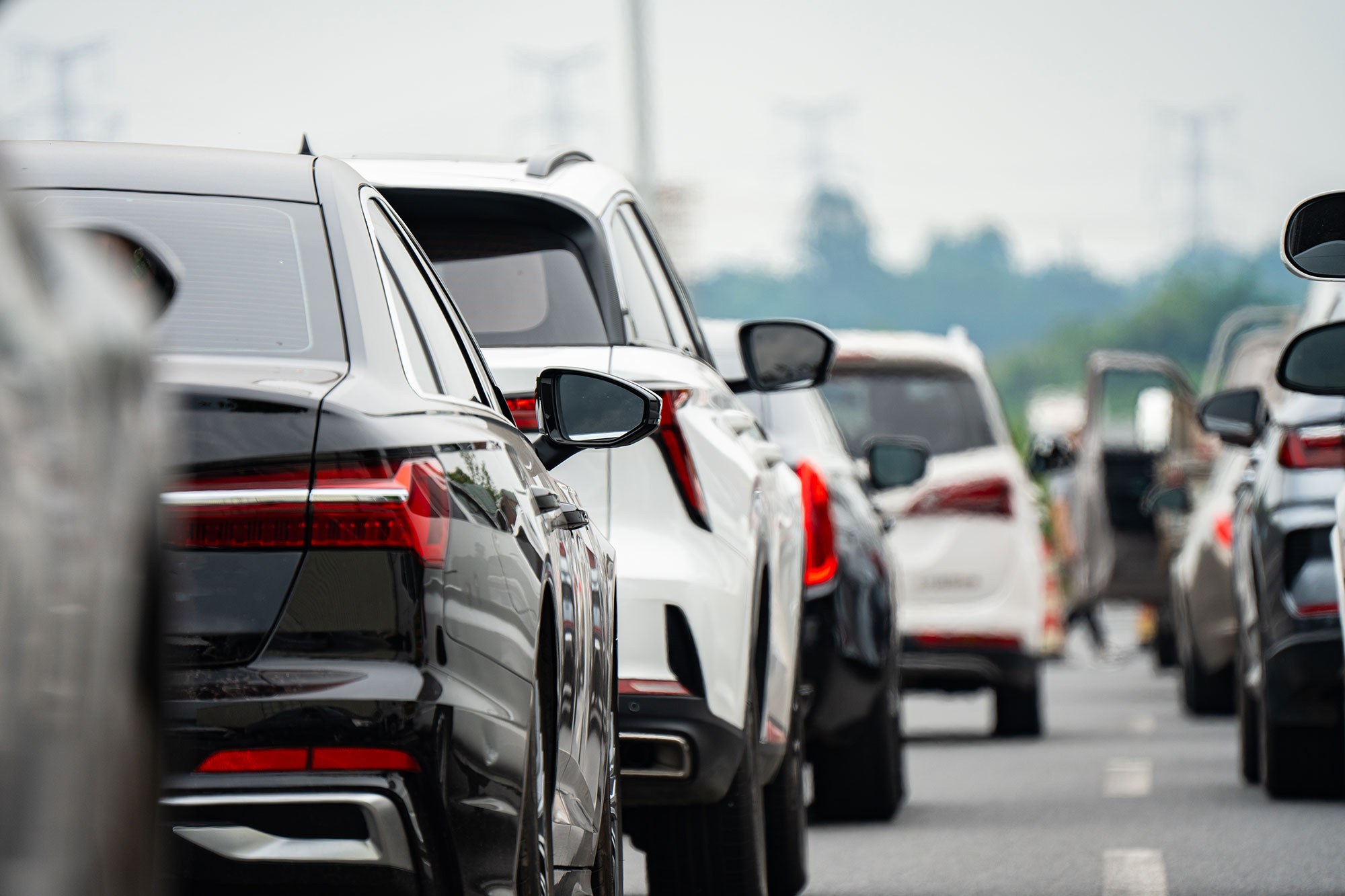 A street-level view inside a traffic jam.