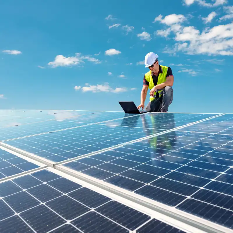 Construction worker on top of solar panels looking at a laptop.