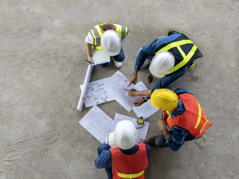 aerial view of construction workers looking at blueprints