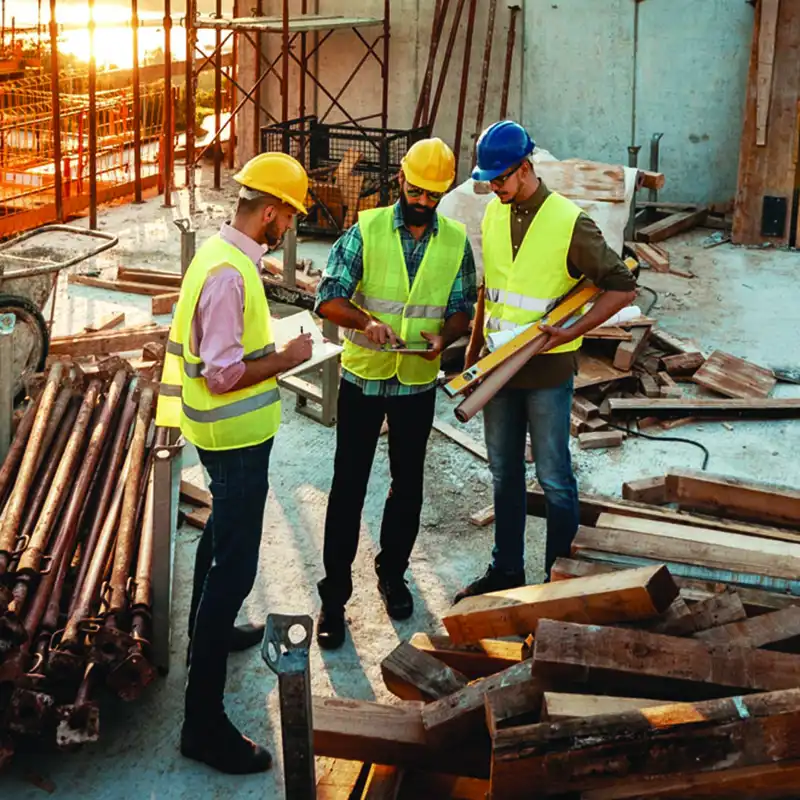 three construction workers looking over blueprints on a jobsite