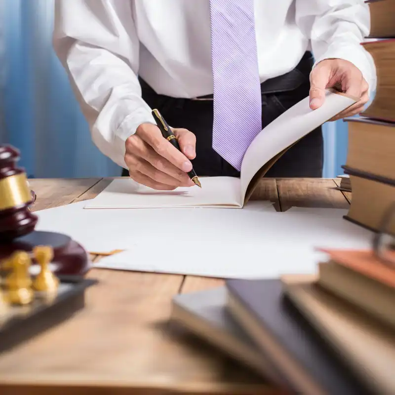 Lawyer businessman working with paperwork on his desk in office workplace.