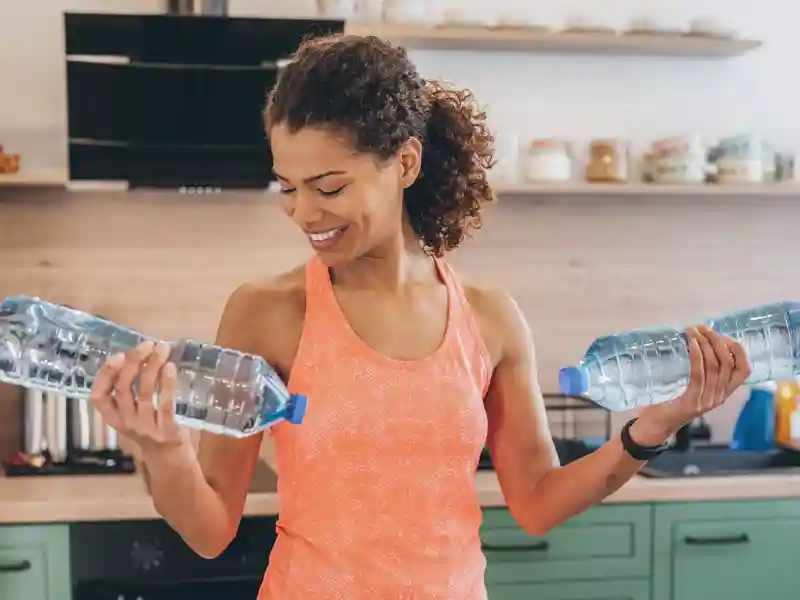 Woman in workout shirt holding plastic water bottles like dumbells.