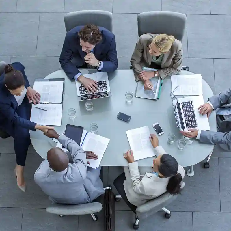 Aerial view of a business meeting.